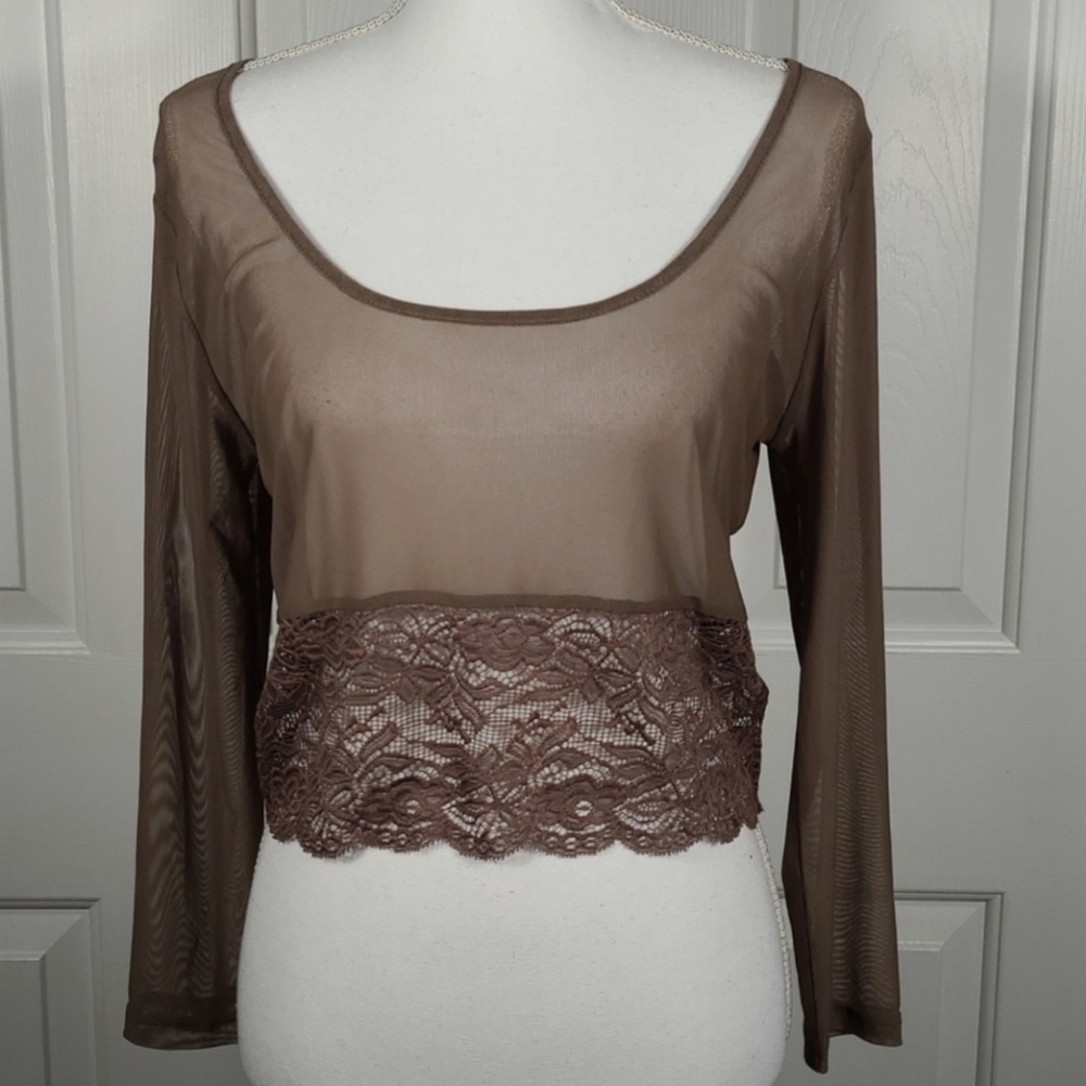 NWT A'reve Lace & Mesh Sheer Stretchy Crop Top in Brown Size Large - Picture 3 of 14